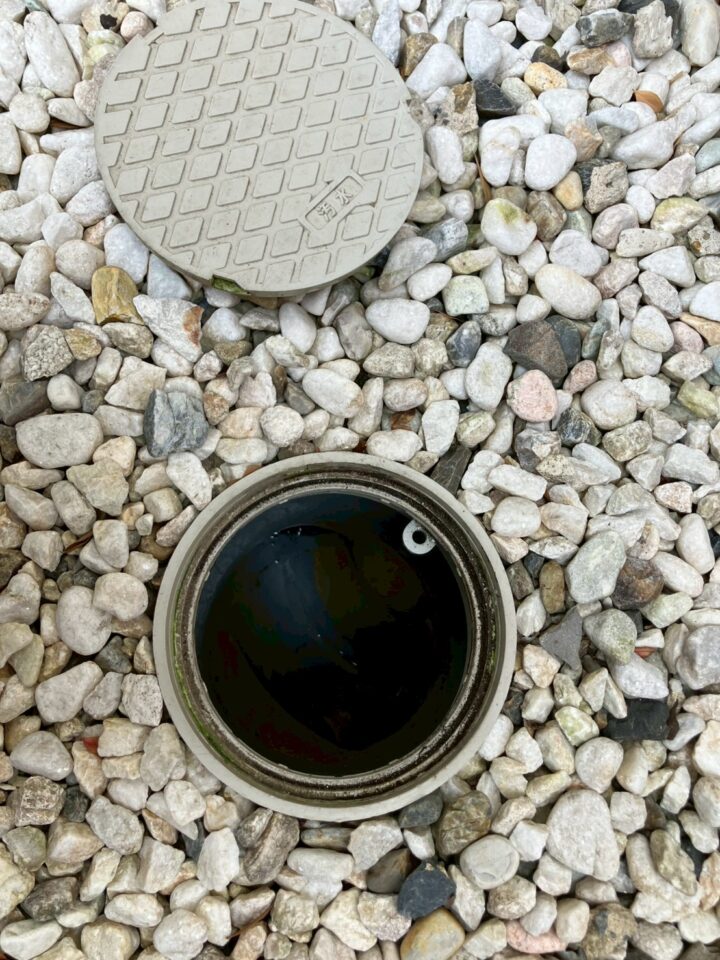 白砂利の中の汚水枡（塩ビ製）の内部が満水状態