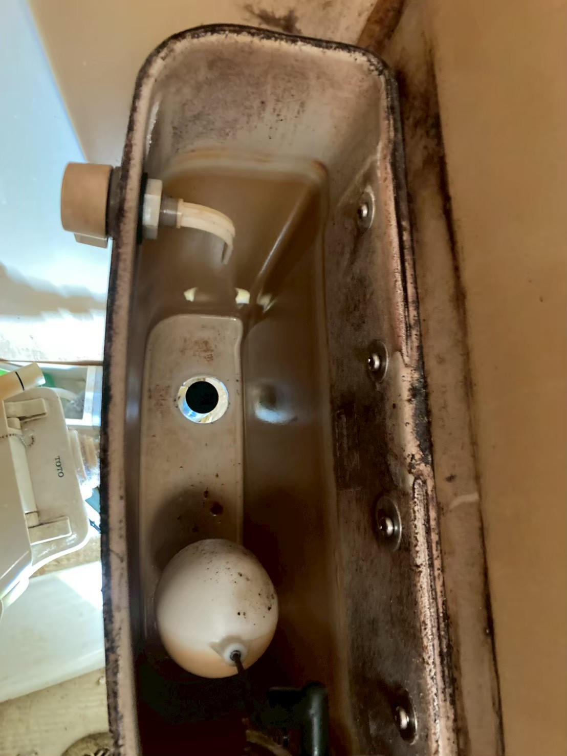 旧部品を取り外したあとのタンク内部。底部の排水口が露出した状態